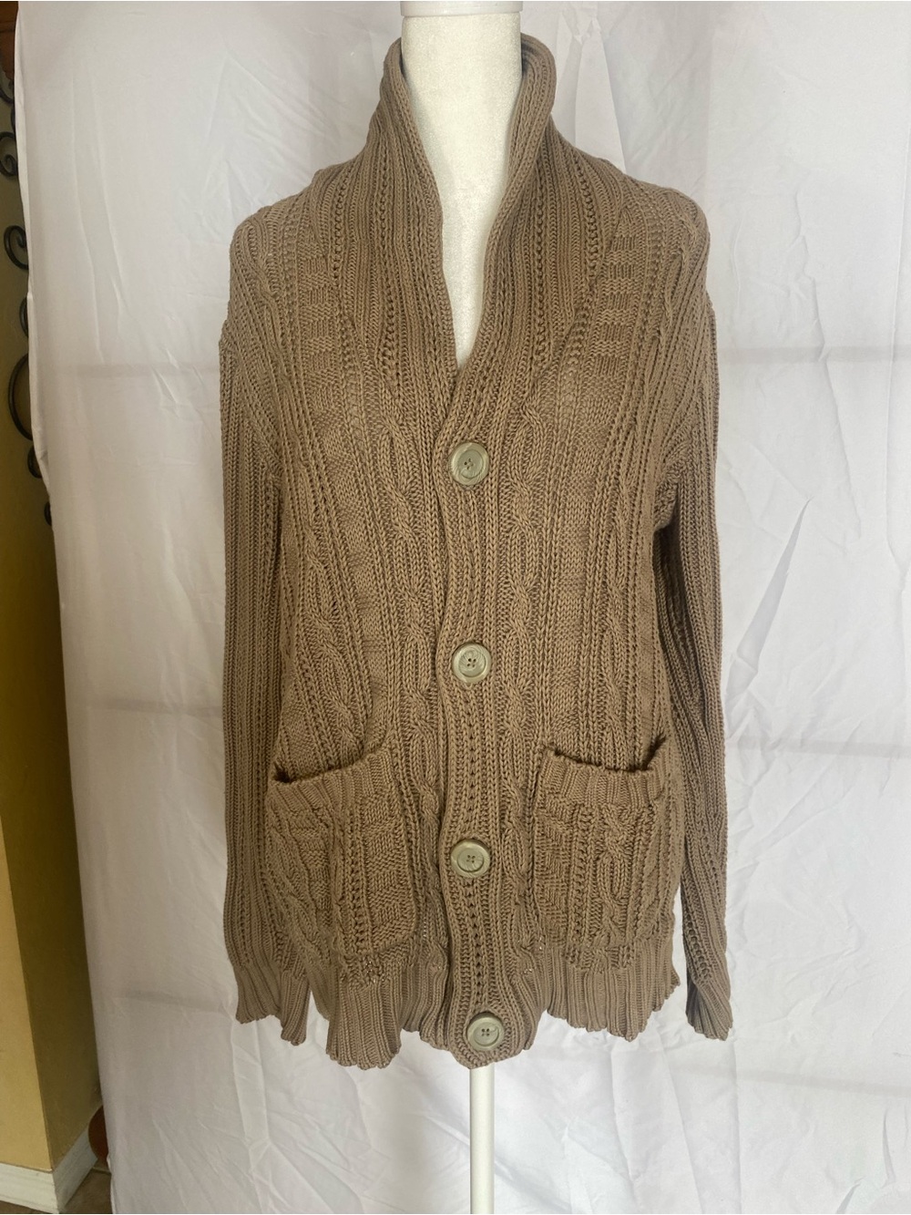 Cable Knit Button Down Taupe Sweater With Pockets. Neutral Knit Cardigan SP